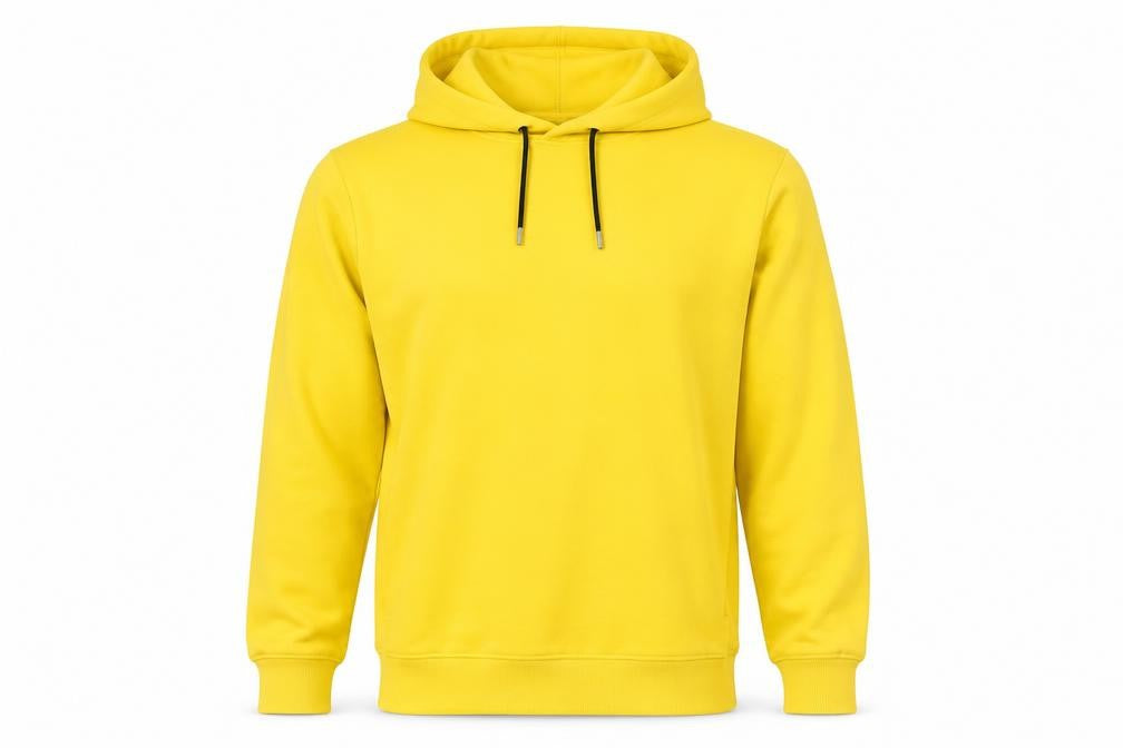 Front view of H&M Men Yellow Pullover Hoodie Medium Regular Fit Cotton Blend