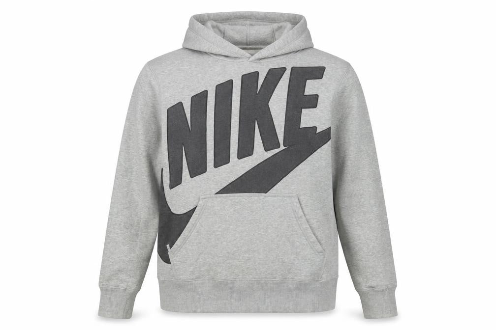 Front view of Nike men’s grey pullover hoodie, size S, sportswear graphic print