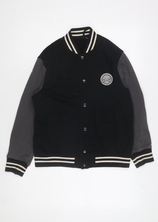 Uniqlo Boys Black Varsity Jacket 11-12 Years Cotton Blend Button Casual