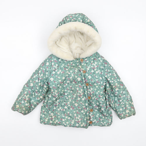 John Lewis Girls Green Floral Hooded Puffer Coat 3-4 Years