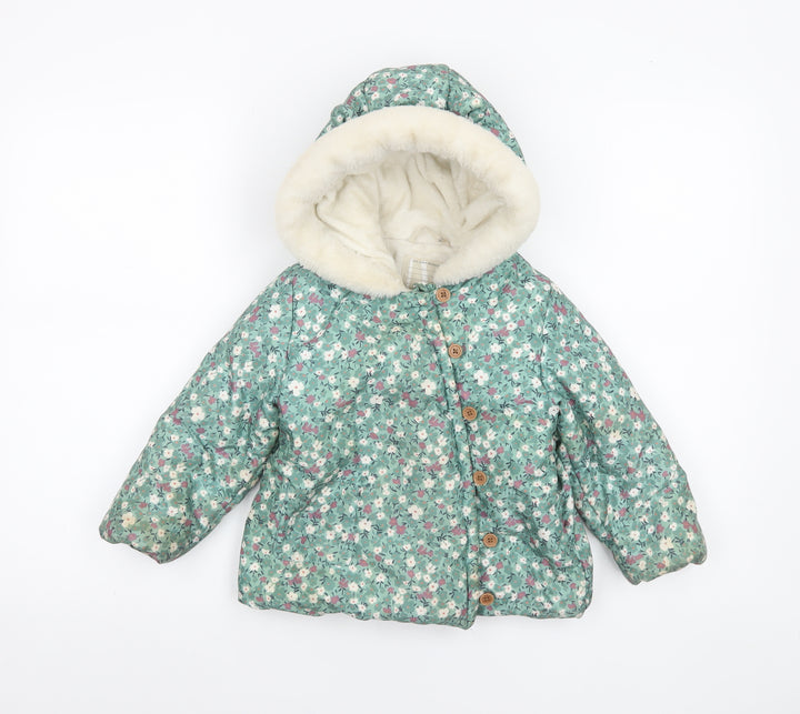 John Lewis Girls Green Floral Hooded Puffer Coat 3-4 Years