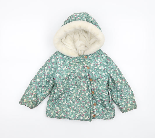 John Lewis Girls Green Floral Hooded Puffer Coat 3-4 Years