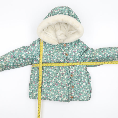 John Lewis Girls Green Floral Hooded Puffer Coat 3-4 Years