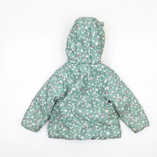 John Lewis Girls Green Floral Hooded Puffer Coat 3-4 Years