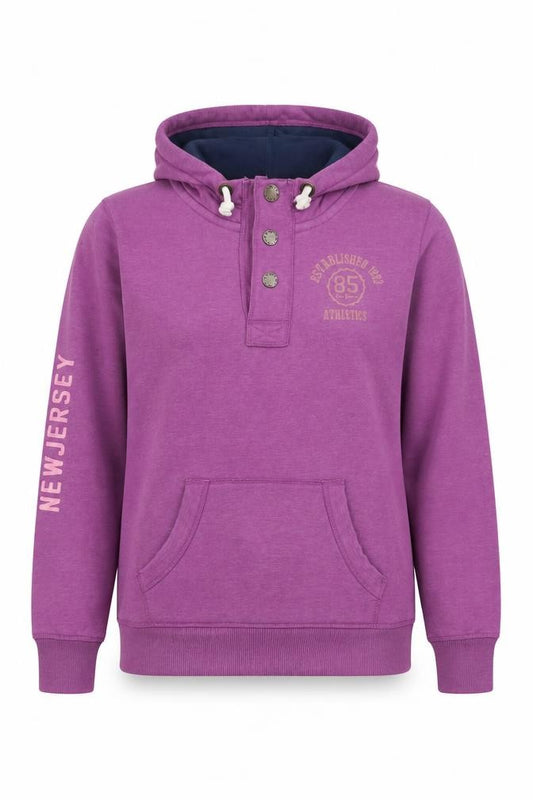 Front view of Crane College Team women’s purple l henley hoodie athletic style