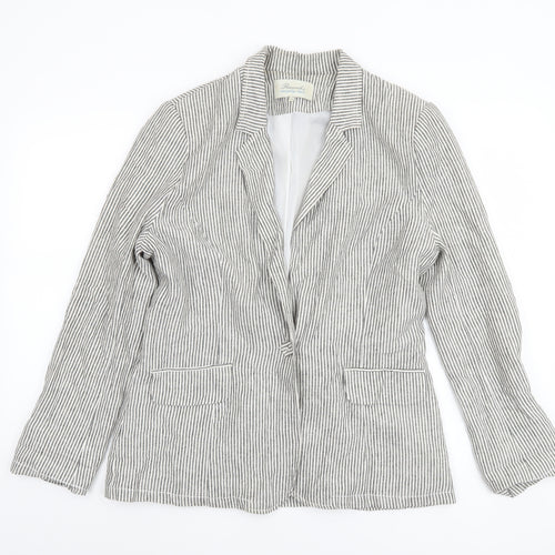 Peacocks Women Grey Striped Linen Blend Blazer Size 14 Regular Fit