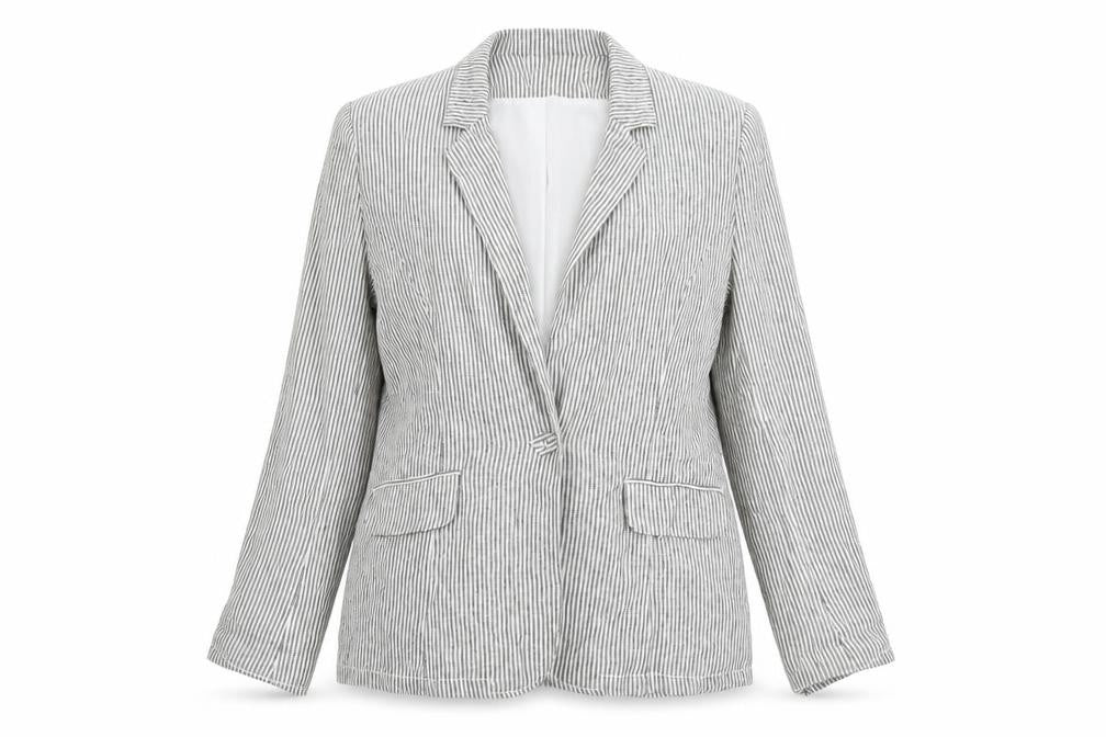 Front view of Peacocks Women Grey Striped Linen Blend Blazer, size 14, Regular Fit