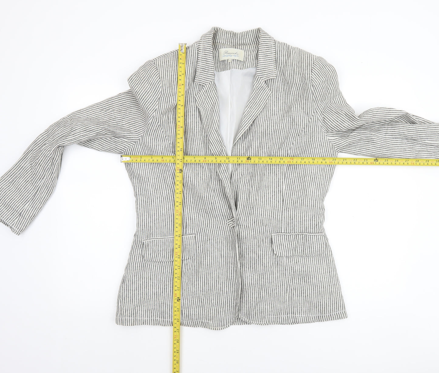 Peacocks Women Grey Striped Linen Blend Blazer Size 14 Regular Fit