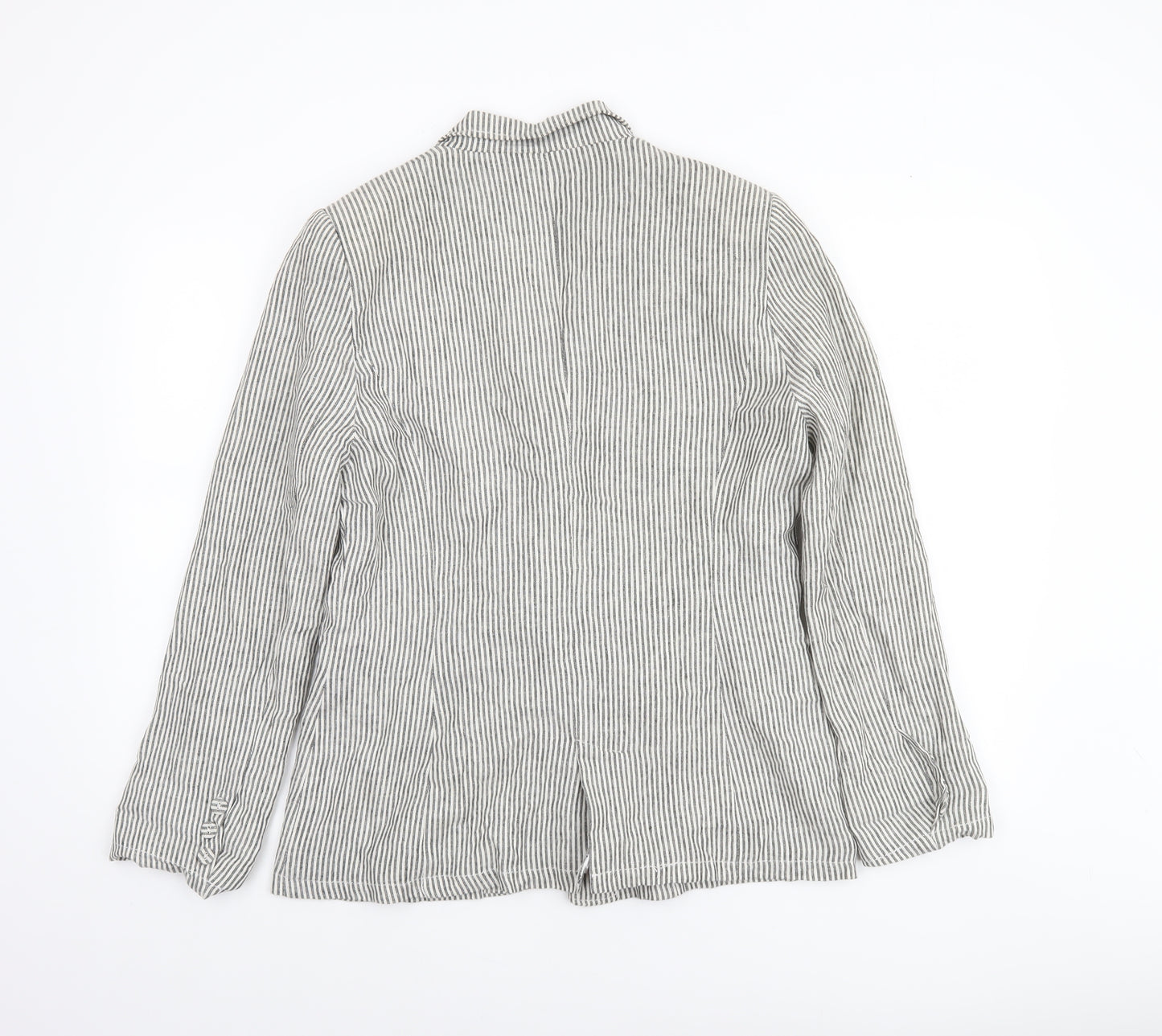 Peacocks Women Grey Striped Linen Blend Blazer Size 14 Regular Fit