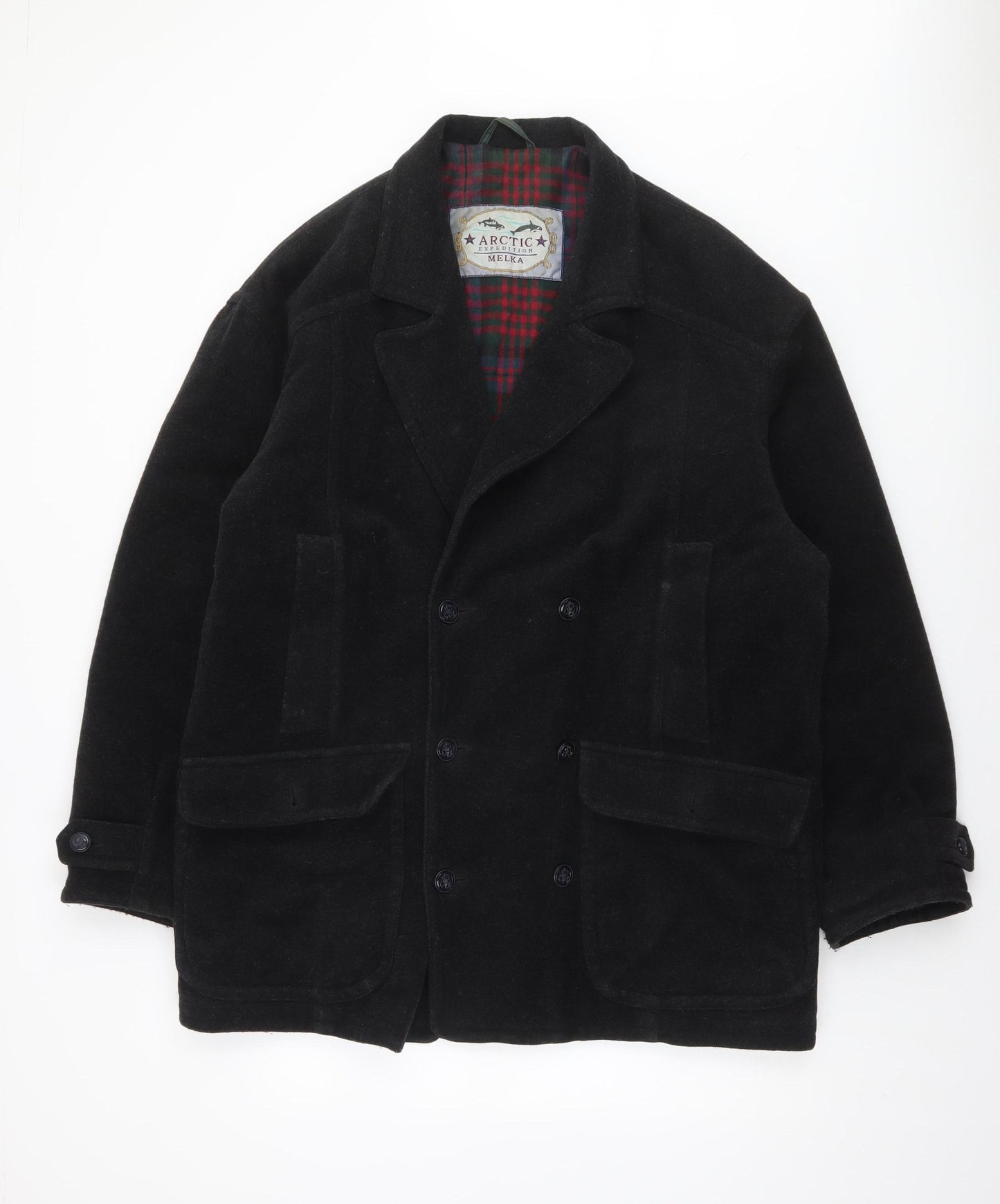 Melka Men's Black Wool Blend Pea Coat Size 52 (42in) Winter Lined