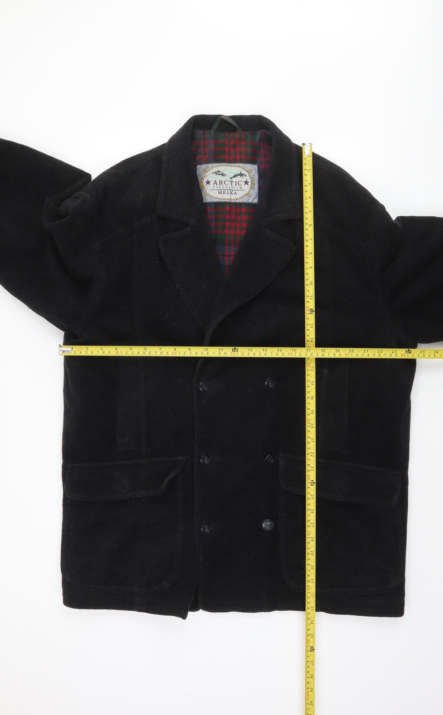 Melka Men's Black Wool Blend Pea Coat Size 52 (42in) Winter Lined