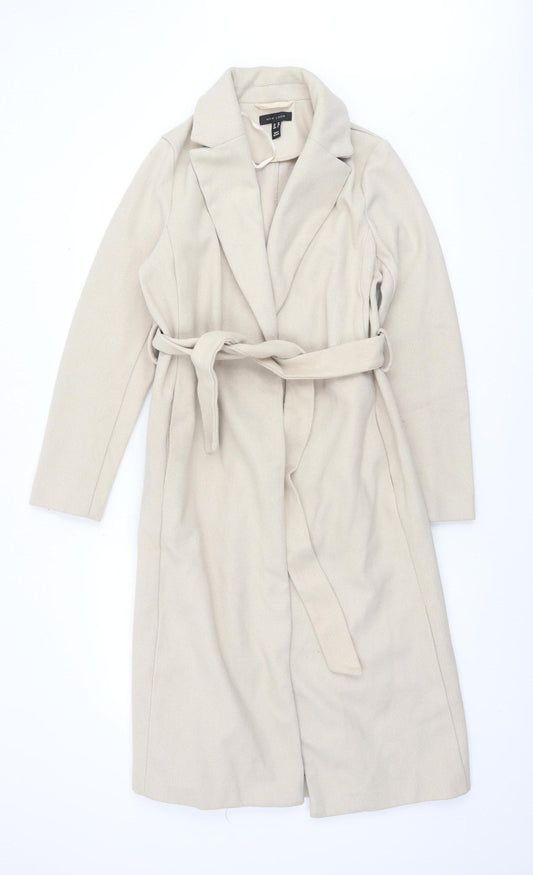 New Look Women Beige Belted Long Coat Size 10 Wool Blend