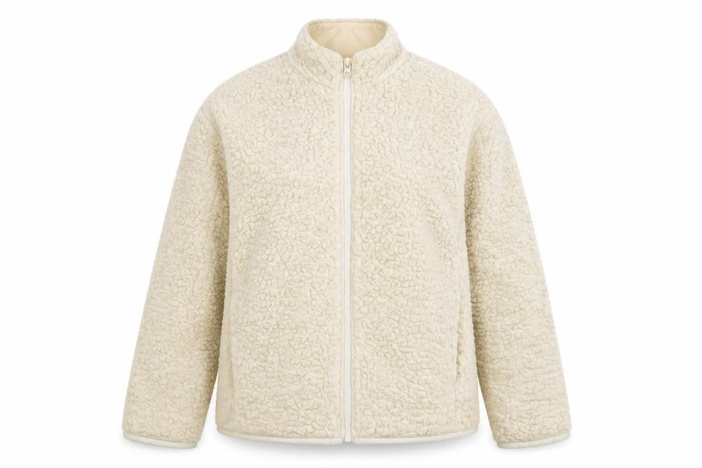 Front view of Weekday Women's Beige Wool Blend Fleece Jacket, size M, Casual Full Zip