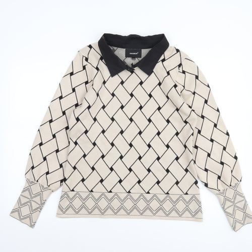 Anamor Women Beige Black Collared Long Sleeve Pullover Jumper S/M