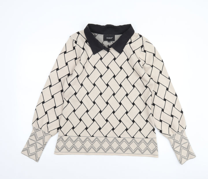Anamor Women Beige Black Collared Long Sleeve Pullover Jumper S/M