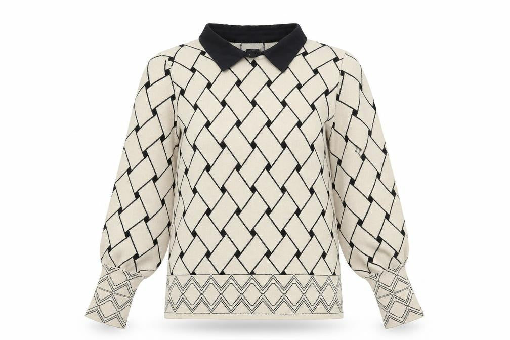 Front view of Anamor Women Beige Black Collared Long Sleeve jumper S/M