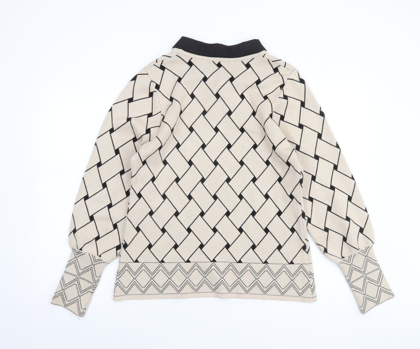 Anamor Women Beige Black Collared Long Sleeve Pullover Jumper S/M