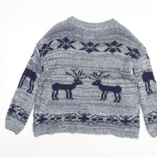 Falmer Heritage Women's Blue Fair Isle Reindeer Wool Blend Jumper Size S