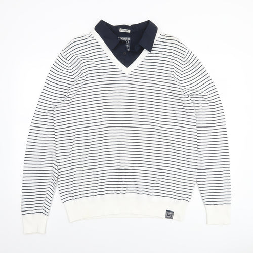 Kensington Dockside Mens White Striped V-Neck Jumper Size 2XL