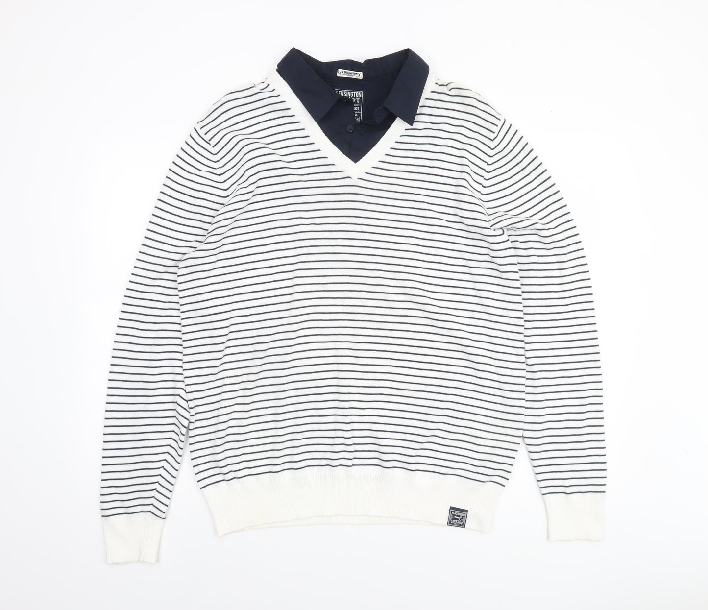 Kensington Dockside Mens White Striped V-Neck Jumper Size 2XL