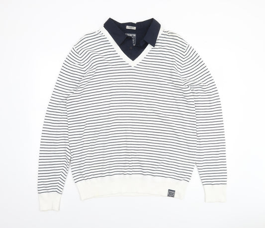 Kensington Dockside Mens White Striped V-Neck Jumper Size 2XL