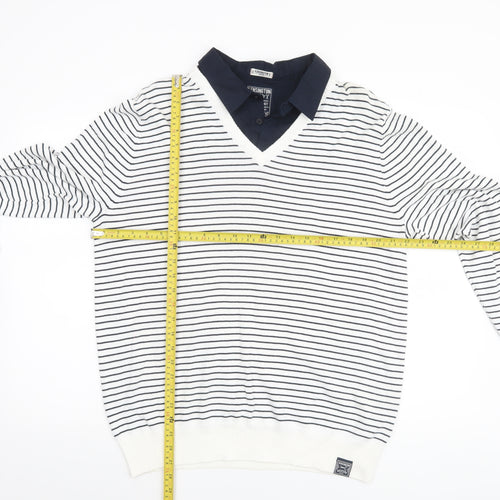 Kensington Dockside Mens White Striped V-Neck Jumper Size 2XL