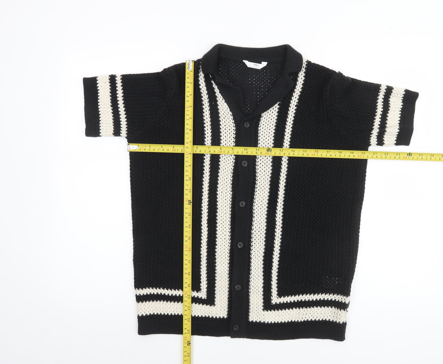 Marks and Spencer Boys Black & White Crochet Short Sleeve Cardigan 13-14 Years