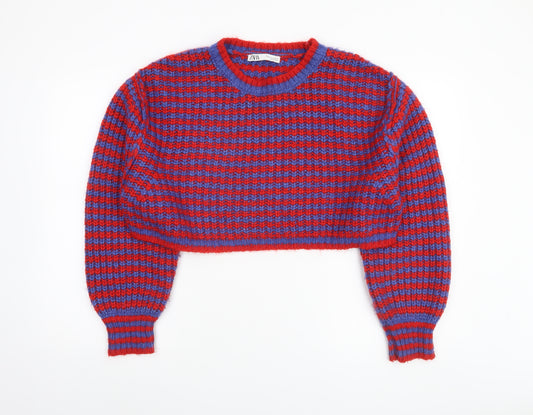 ZARA Women Red Blue Chunky Knit Crew Neck Cropped Jumper Size M