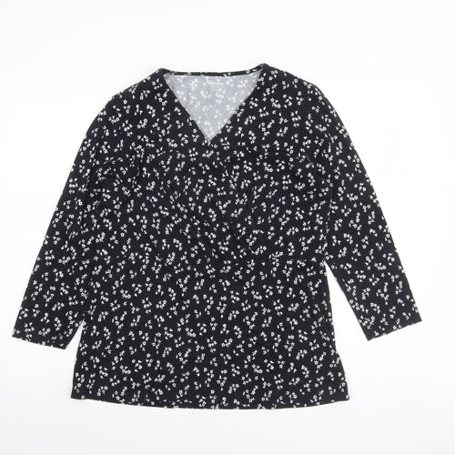 Lands' End Women's Black Floral Wrap Jersey Long Sleeve Top M