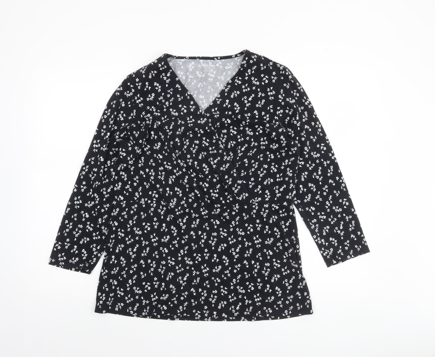 Lands' End Women's Black Floral Wrap Jersey Long Sleeve Top M