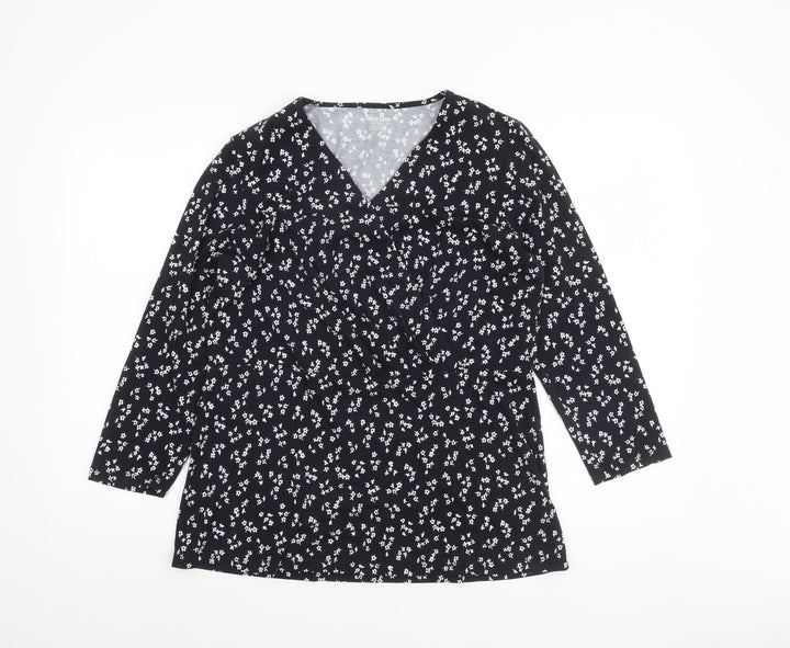 Lands' End Women's Black Floral Wrap Jersey Long Sleeve Top M