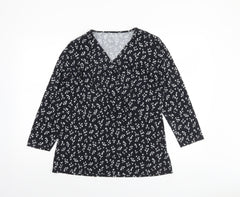 Lands' End Women's Black Floral Wrap Jersey Long Sleeve Top M