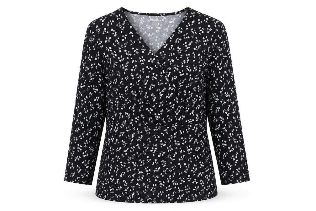 Front view of Lands' End Women's Black Floral Wrap Jersey Long Sleeve Top M
