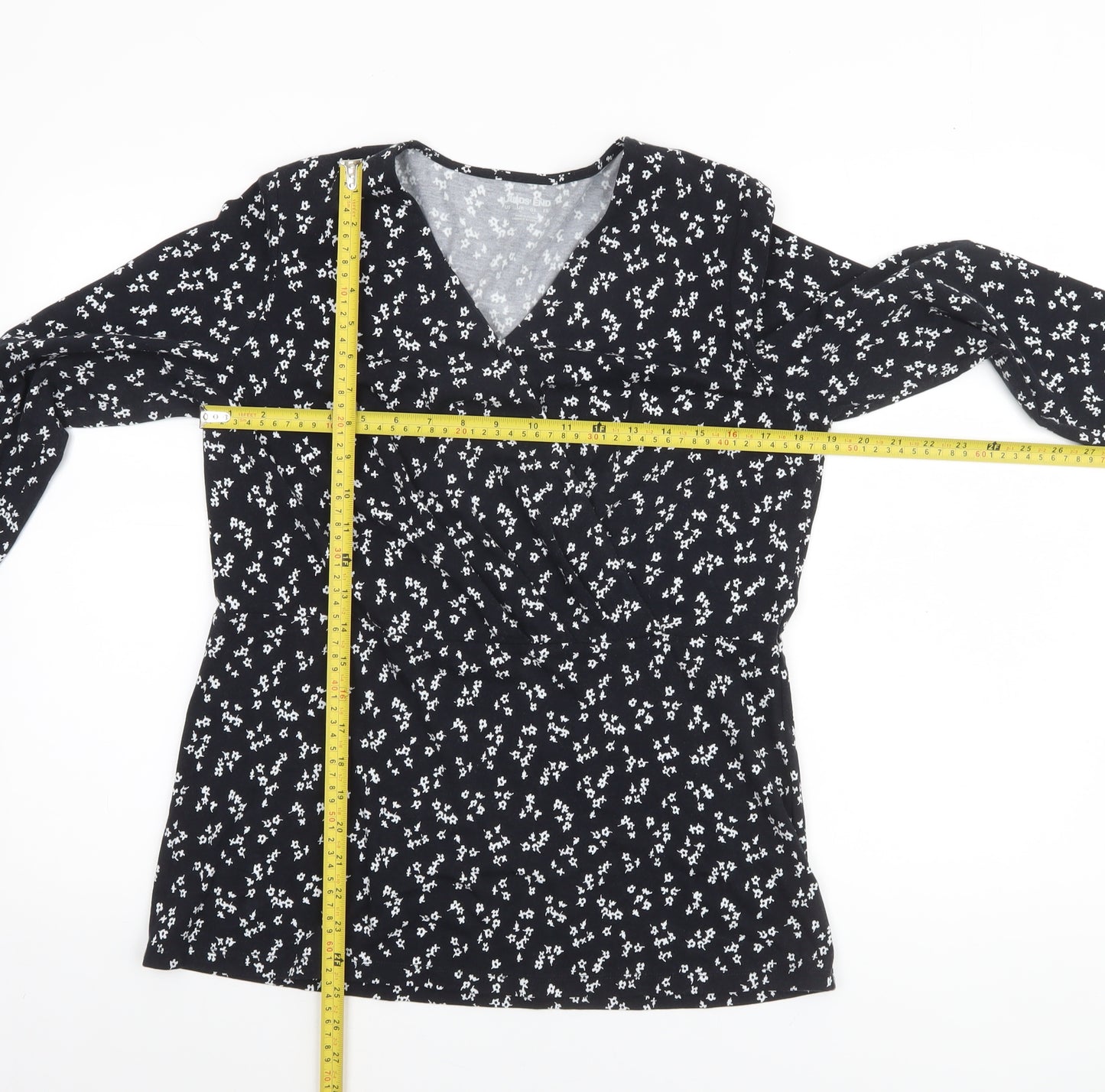 Lands' End Women's Black Floral Wrap Jersey Long Sleeve Top M