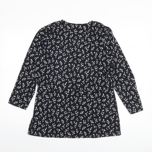 Lands' End Women's Black Floral Wrap Jersey Long Sleeve Top M