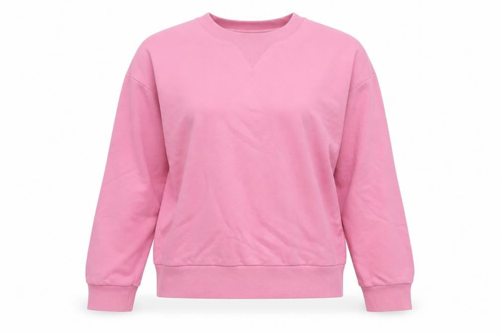 Front view of Collusion women’s pink cotton pullover sweatshirt, size S