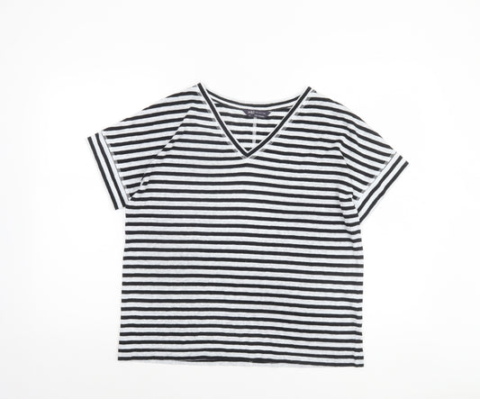 Marks and Spencer Women's Black Striped V-Neck Linen Blend T-Shirt Size 12