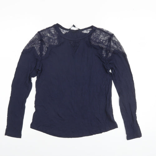 French Connection Women's Blue Lace Shoulder Long Sleeve Jersey Blouse Size S