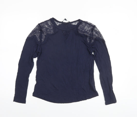 French Connection Women's Blue Lace Shoulder Long Sleeve Jersey Blouse Size S