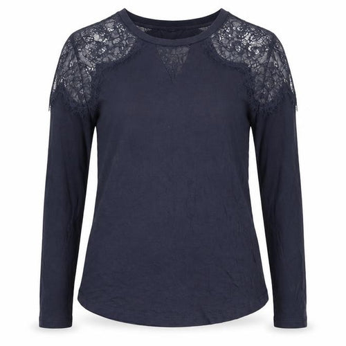 French Connection Women's Blue Lace Shoulder Long Sleeve Jersey Blouse Size S