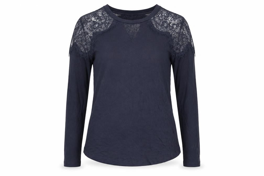 French Connection Women's Blue Lace Shoulder Long Sleeve Jersey Blouse Size S