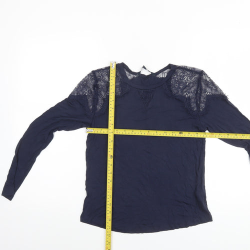 French Connection Women's Blue Lace Shoulder Long Sleeve Jersey Blouse Size S