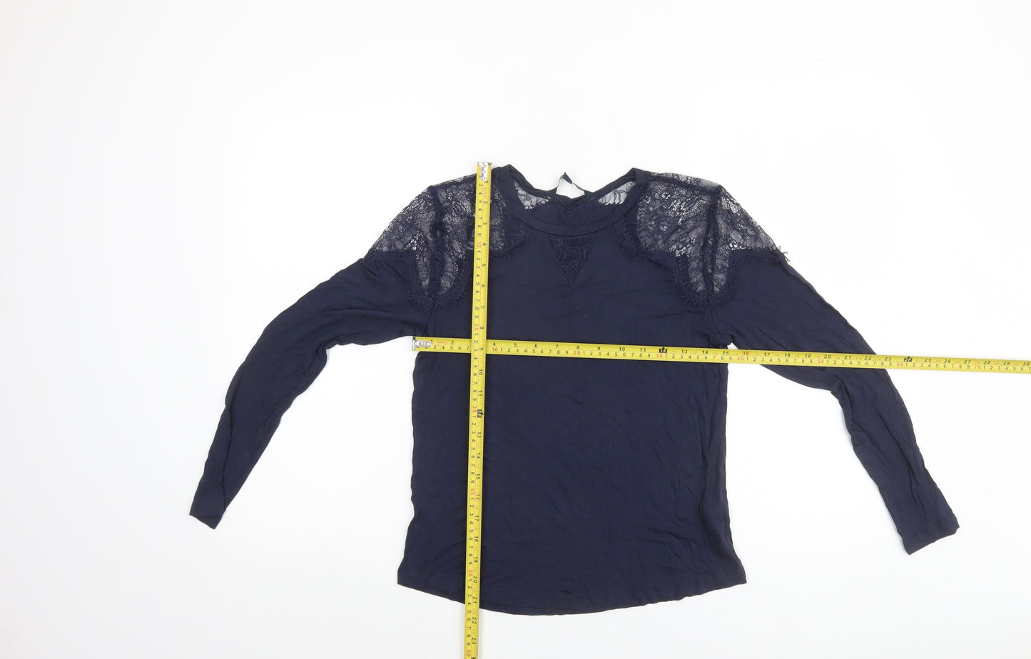 French Connection Women's Blue Lace Shoulder Long Sleeve Jersey Blouse Size S