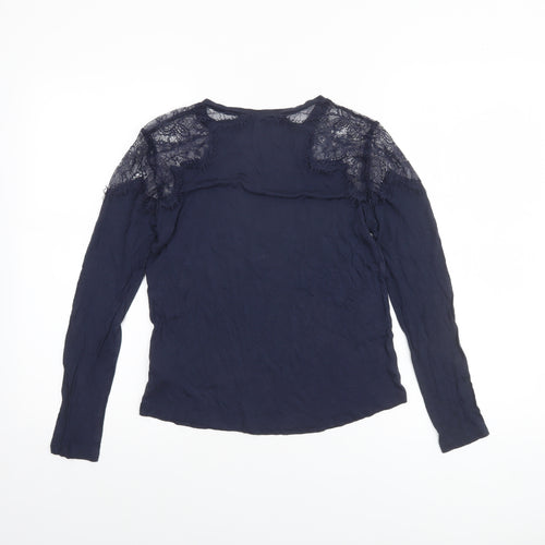 French Connection Women's Blue Lace Shoulder Long Sleeve Jersey Blouse Size S