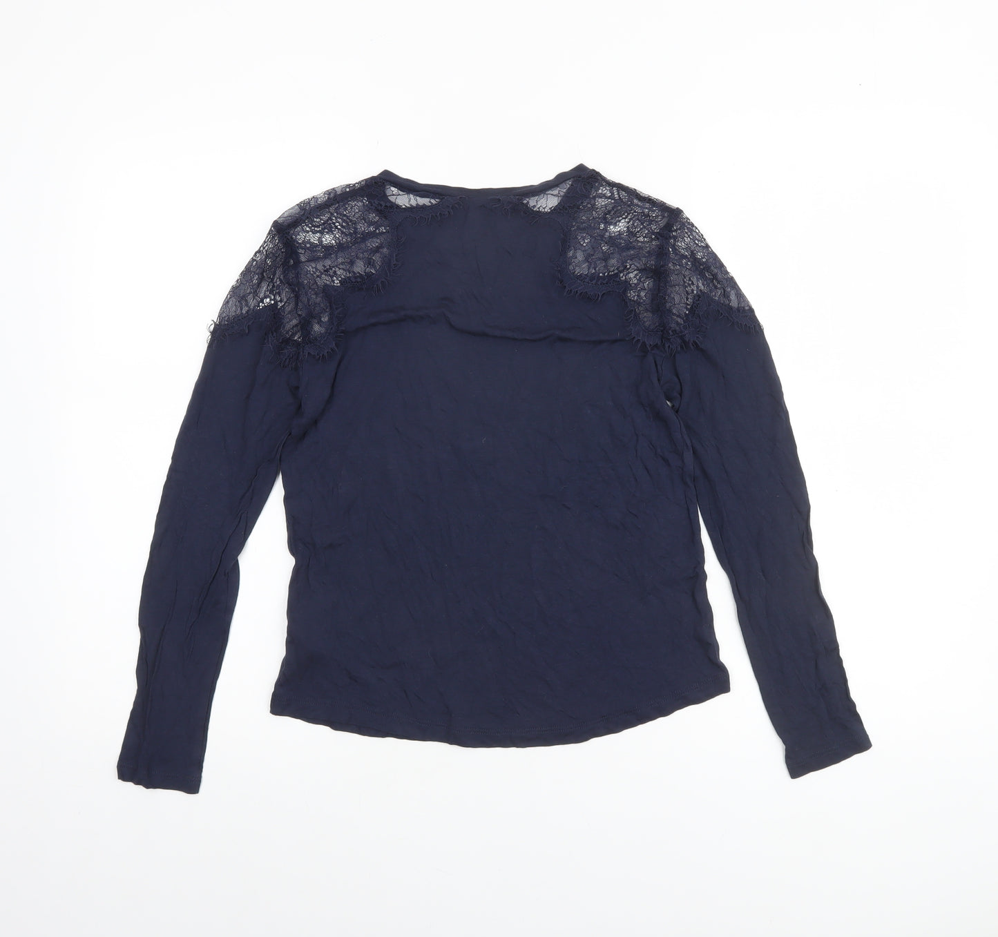 French Connection Women's Blue Lace Shoulder Long Sleeve Jersey Blouse Size S