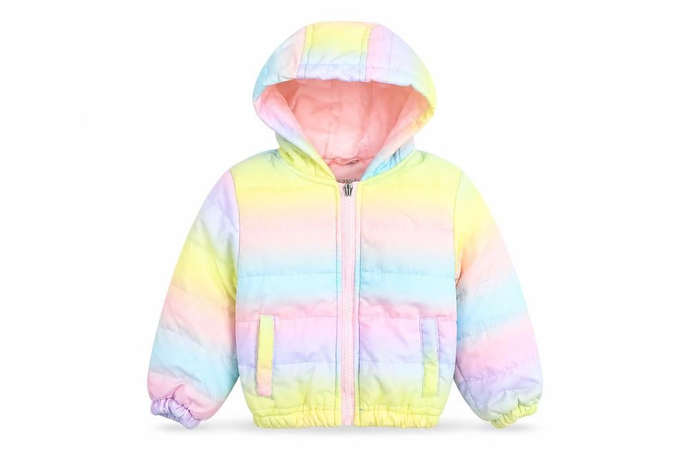 Front view of Pink Rabbit unisex baby multicoloured 6-9m hooded puffer jacket