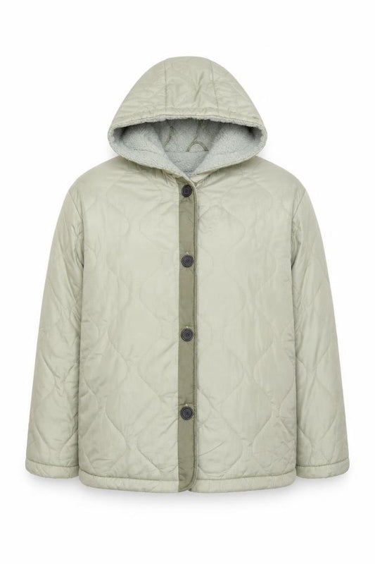 Front view of ASOS DESIGN Women’s Green Puffer Jacket UK 14 Hooded Quilted Winter Coat