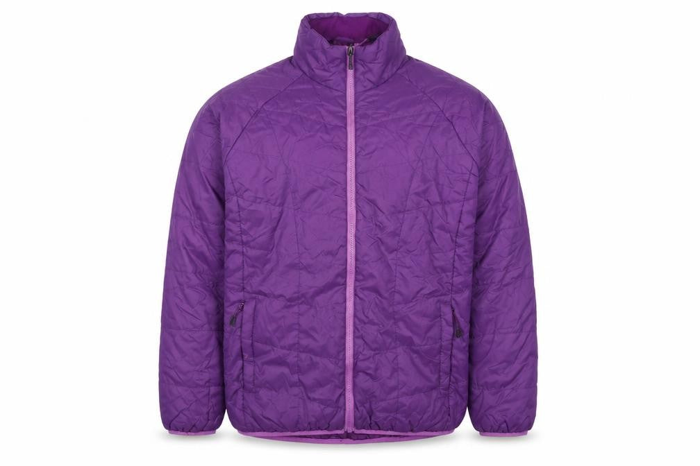 Front view of Crane Men’s Purple Lightweight Puffer Jacket, size M, Full Zip