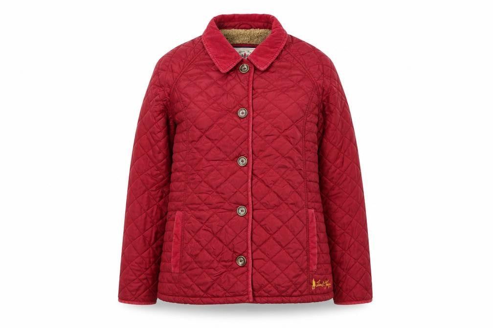 Front view of Jack Murphy Women's Red Quilted Nylon Jacket UK 14 Lined Button Up