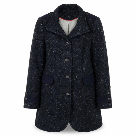 Front view of Next Women Blue Wool Tweed Military Coat, size 12, Long Sleeve